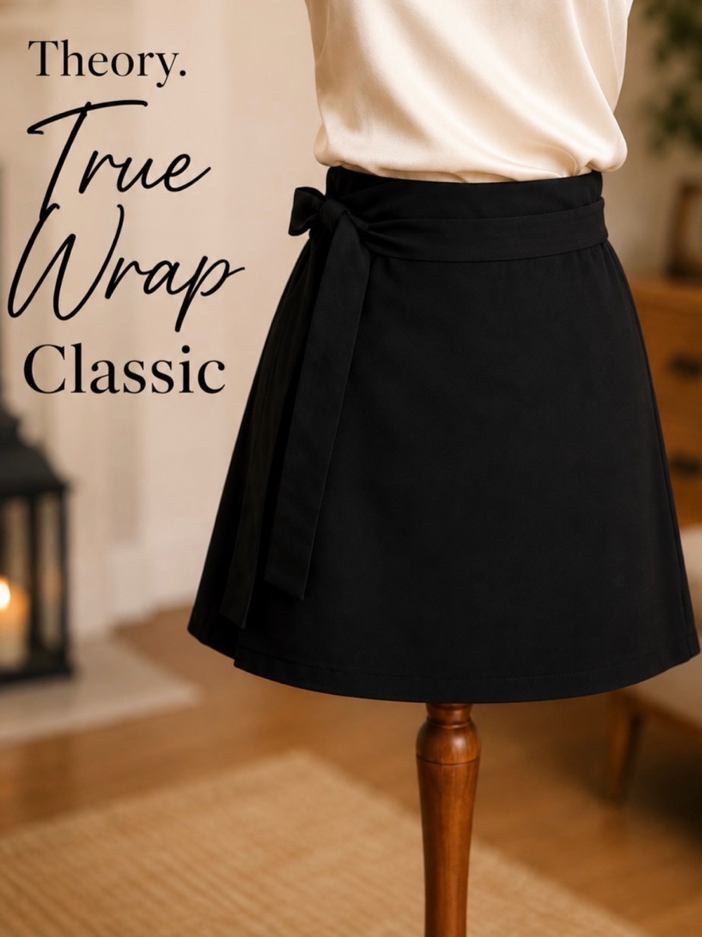 Theory Black Wrap Mini Skirt Size 8 | Tie Waist Stretch Cotton Designer Classic